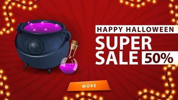 Halloween super sale, up to 50 off, red banner with witch's cauldron with potion vector