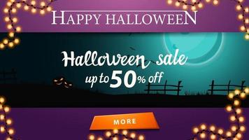 Halloween sale, up to 50 off, discount banner with halloween landscape on the background. Halloween background, dark night, full blue moon, starry sky, clear field with fence, grass, trees, bats, zombie and a witch on a broom. vector