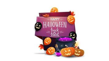 feliz halloween, truco o trato, tarjeta de felicitación vertical en estilo de dibujos animados con globos de halloween, caldero de brujas y calabaza jack vector