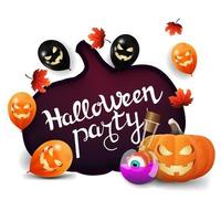 Halloween party, invitation white banner with a huge pumpkin carved in paper, Halloween ballons, autumn leafs, pumpkin Jack and witch's potion vector