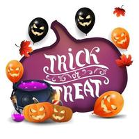 truco o trato, tarjeta blanca de felicitación con una enorme calabaza tallada en papel, globos de halloween, hojas de otoño, caldero de brujas y calabaza vector