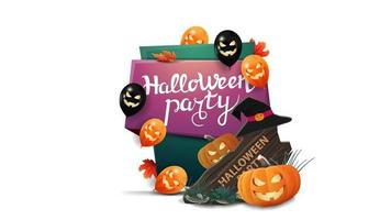 fiesta de halloween, tarjeta vertical de invitación en estilo de dibujos animados con globos de halloween, cartel de madera, sombrero de bruja y gato de calabaza vector