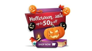 venta de halloween, hasta 50 de descuento, banner de descuento vertical en estilo de dibujos animados con globos de halloween, libro de hechizos y calabaza jack vector