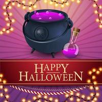 Happy Halloween, square greeting pink card with witch's cauldron with potion vector