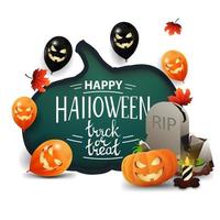 feliz halloween, truco o trato, tarjeta blanca de felicitación con una enorme calabaza tallada en papel, globos de halloween, hojas de otoño, lápida y gato de calabaza vector