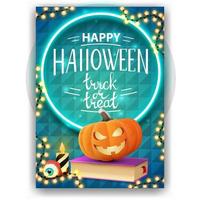 feliz halloween, truco o trato, tarjeta de felicitación vertical con diseño brillante, libro de hechizos y gato de calabaza vector