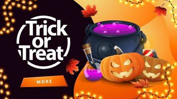 Trick or treat, greeting orange card with button, witch's cauldron and pumpkin Jack vector