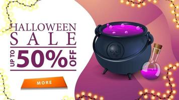 Halloween sale, up to 50 off, discount pink banner with button and witch's cauldron with potion vector