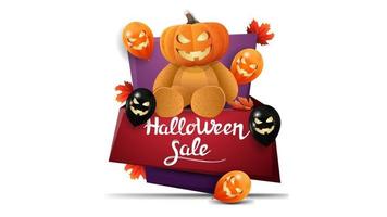 Halloween sale, vertical discount banner in cartoon style with Halloween balloons and Teddy bear with Jack pumpkin head vector
