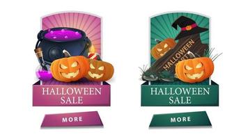 venta de halloween, dos pancartas verticales de descuento con botones, letrero de madera, caldero de brujas y gato de calabaza. Banners de descuento rosa y verde para tus artes. vector