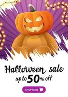 Halloween sale, up to 50 off, purple vertical web banner with Teddy bear with Jack pumpkin head vector