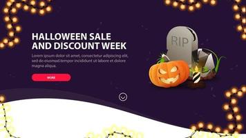 venta de halloween y semana de descuentos, banner web morado con lápida y calabaza vector