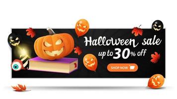 Halloween sale, up to 30 off, horizontal black discount banner with Halloween balloons, spell book and pumpkin Jack vector