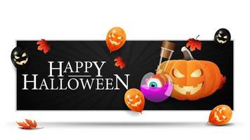 Happy Halloween, horizontal black greeting card with Halloween balloons, pumpkin Jack and witch's potion vector