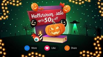 Hallowen sale, discount banner with beautiful night landscape on the background and plate with Halloween balloons, spell book and pumpkin Jack vector