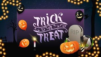 truco o trato, tarjeta de felicitación de color púrpura con globos de halloween, lápida y calabaza vector