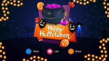 Happy Halloween, card with beautiful night landscape on the background and greeting plate with Halloween balloons and witch's cauldron with potion vector