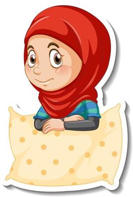 A sticker template with muslim girl hugs a pillow