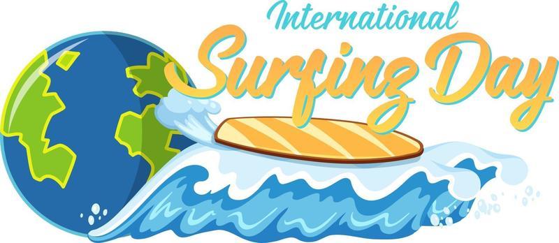 International Surfing Day font with surfboard on beach wave isolated