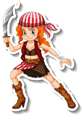 Sticker template with a pirate girl cartoon character isolated