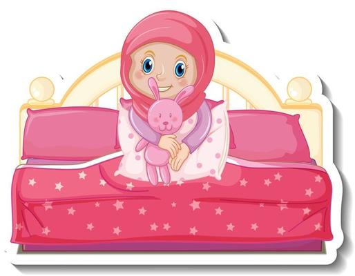 A sticker template with muslim girl sitting on the bed