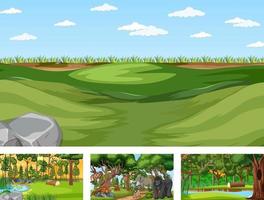 Different nature scenes of forest and rainforest with wild animals vector