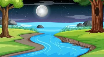 Nature forest landscape at night scene with long river flowing through the meadow vector