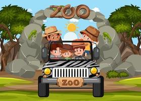 Children on tourist car explore in the zoo scene vector