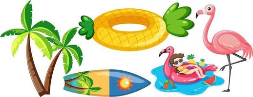 Set of summer beach items in cartoon style isolated on white background vector