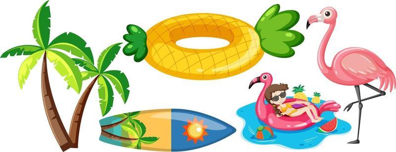 Set of summer beach items in cartoon style isolated on white background