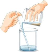 Un equipo de laboratorio con la mano usando un vaso de precipitados sobre fondo blanco. vector