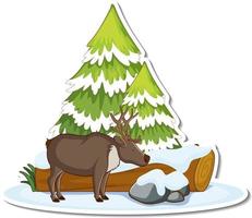 Moose with pine tree covered with snow sticker vector