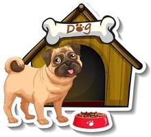 Sticker design with pug standing in front of dog house vector