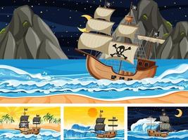 Set of Ocean with Pirate ship at different times scenes  in cartoon style vector