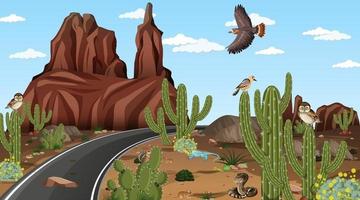 Road through the desert forest landscape scene with desert animals vector