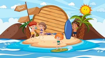 Kids on vacation at the beach daytime scene with an empty banner template vector