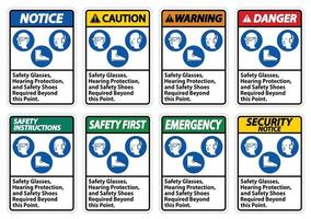 Gafas de seguridad, protección auditiva y calzado de seguridad necesarios más allá de este punto sobre fondo blanco. vector