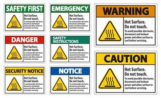 superficie caliente, no tocar, para evitar posibles quemaduras en la piel, desconecte y bloquee la energía y permita que la superficie se enfríe antes de dar servicio a la señal de símbolo aislar sobre fondo blanco, ilustración vectorial vector