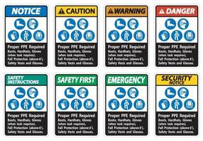 Proper PPE Required Boots, Hardhats, Gloves When Task Requires Fall Protection With PPE Symbols vector