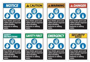 Face Shield, Apron And Rubber Gloves Required When Handling Batteries or Adding Water With PPE Symbols vector