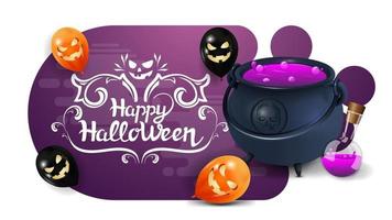 Happy Halloween, purple greeting postcard of geometric liquid style simple form with witch's cauldron with potion vector