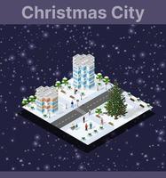 Winter Christmas landscape snow covered the futuristic isometric city from buildings vector