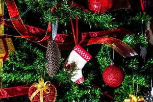 Christmas hanging decorations on fir tree