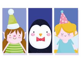 merry christmas, cute penguin angel and female helper banners cartoon vector