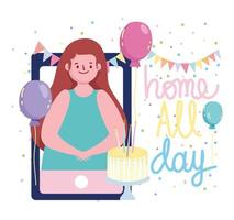 online party, smartphone woman video with cake balloons decoration vector
