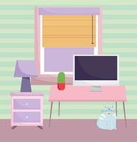 home office workplace cat in room with computer table lamp and tables vector