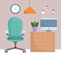 home office workplace comfortable chair computer drawers plant lamp and clock vector