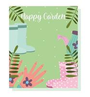gardening, watering can rubber boots foliage leaves card vector