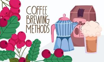 métodos de preparación de café, frappé de productos de moka pot pack y granos de rama vector