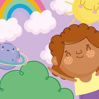 childrens day, cartoon little boy rainbow planet sun grass decoration vector